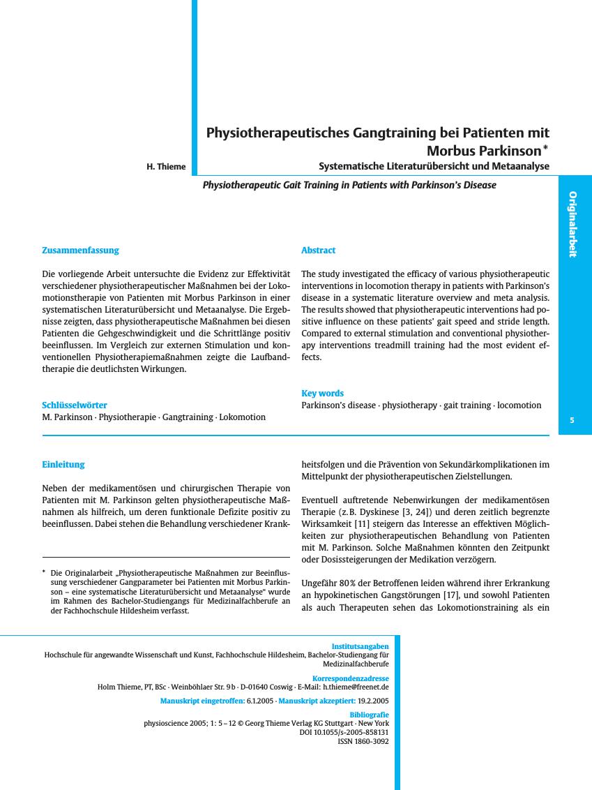 Vorschauseite 1: Physiotherapeutisches Gangtraining bei Patienten mit Morbus Parkinson