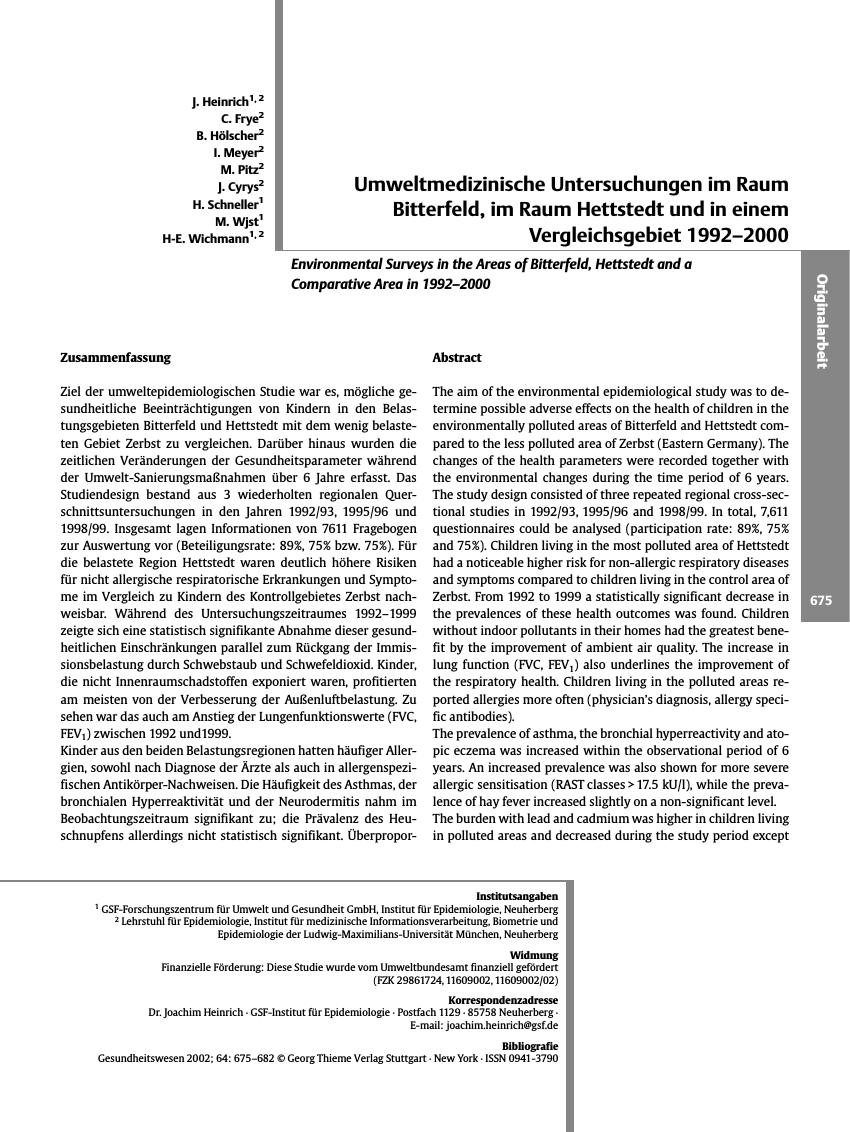 Vorschauseite 1: Umweltmedizinische Untersuchungen im Raum Bitterfeld, im Raum Hettstedt und in einem Vergleichsgebiet 1992-2000