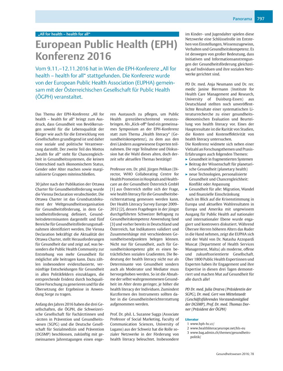 Vorschauseite 1: ?All for health ? health for all? ? European Public Health (EPH) Konferenz 2016