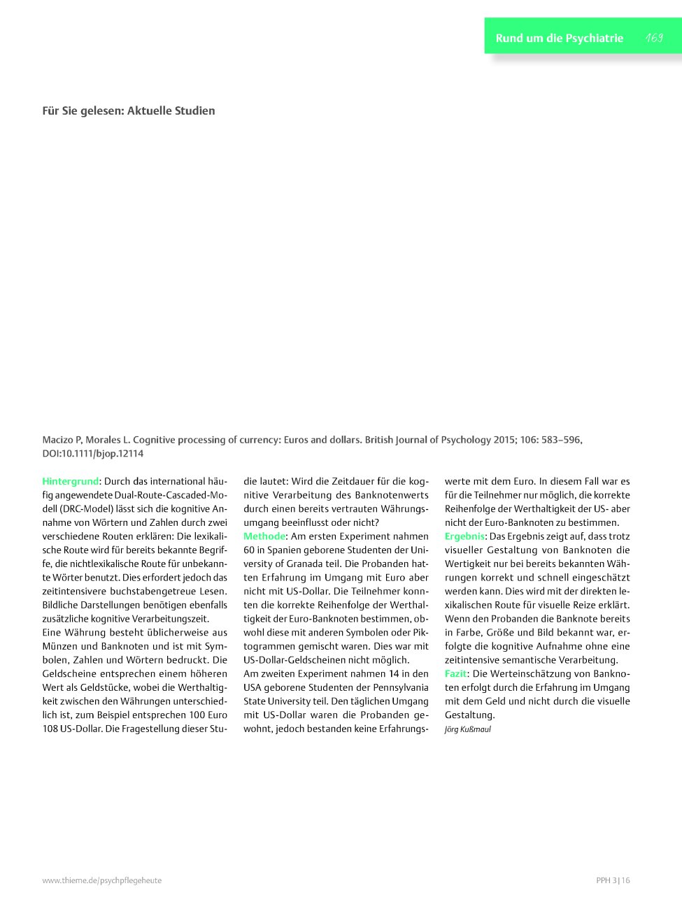 Vorschauseite 1: Für Sie gelesen: Macizo P, Morales L. Cognitive processing of currency: Euros and dollars.