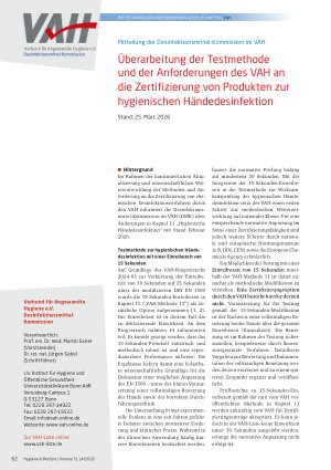 Vorschauseite 1: Überarbeitung der Testmethode und der Anforderungen des VAH an die Zertifizierung von Produkten zur hygienischen Händedesinfektion