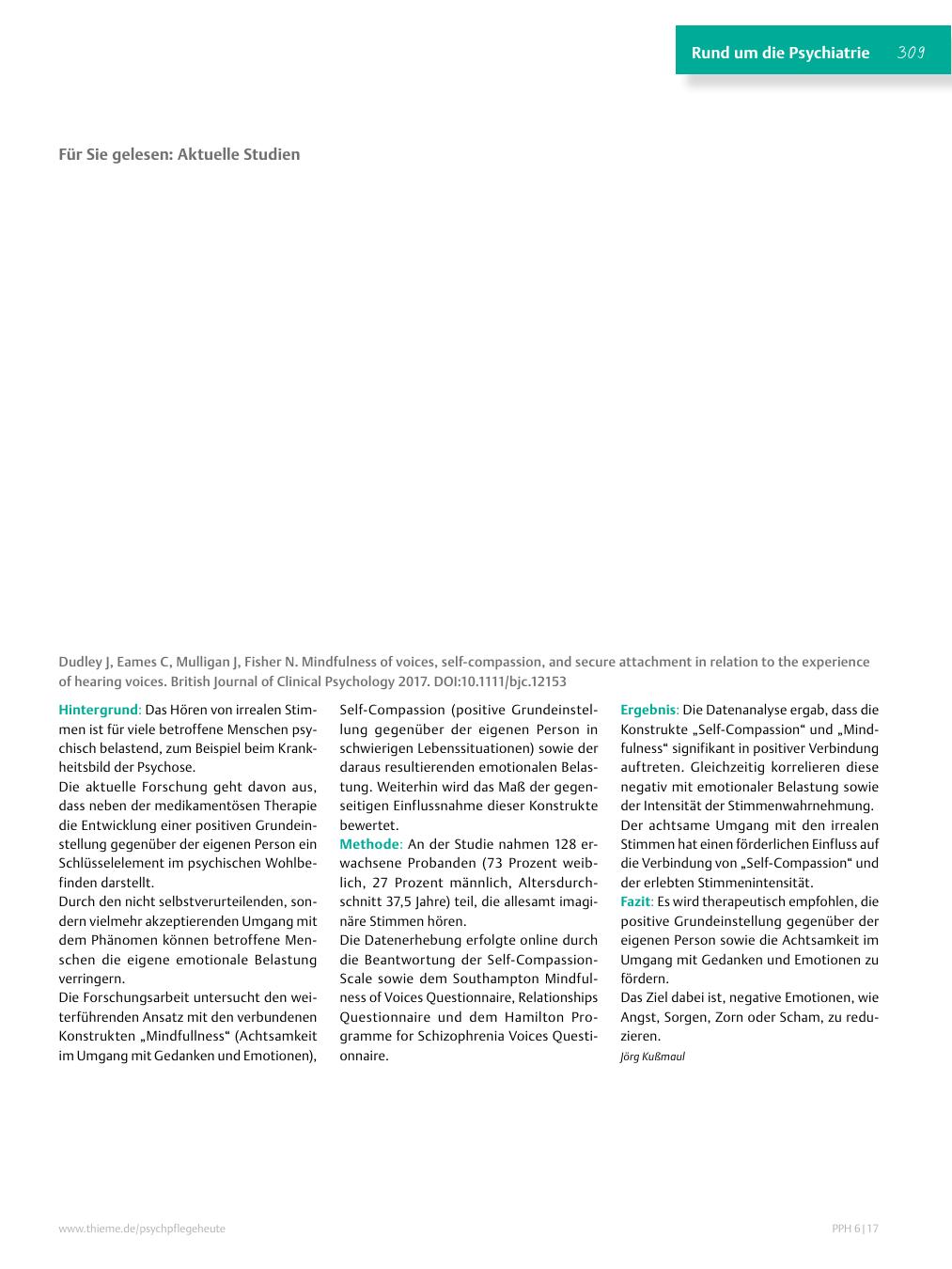 Vorschauseite 1: Für Sie gelesen: Dudley J, Eames C, Mulligan J, Fisher N. Mindfulness of voices, self-compassion, and secure attachment in relation to the experience of hearing voices. British Jo…