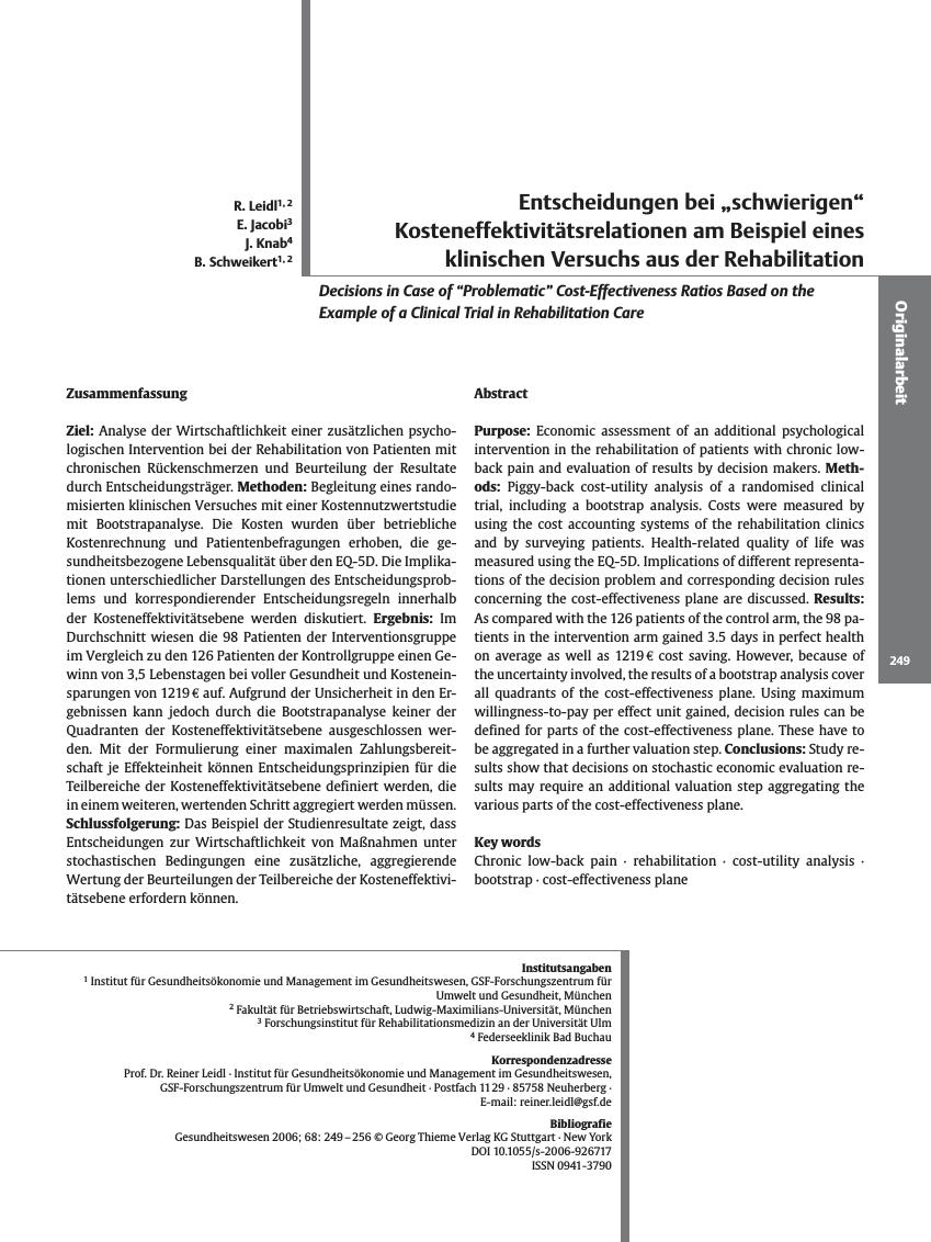 Vorschauseite 1: Entscheidungen bei „schwierigen” Kosteneffektivitätsrelationen am Beispiel eines klinischen Versuchs aus der Rehabilitation