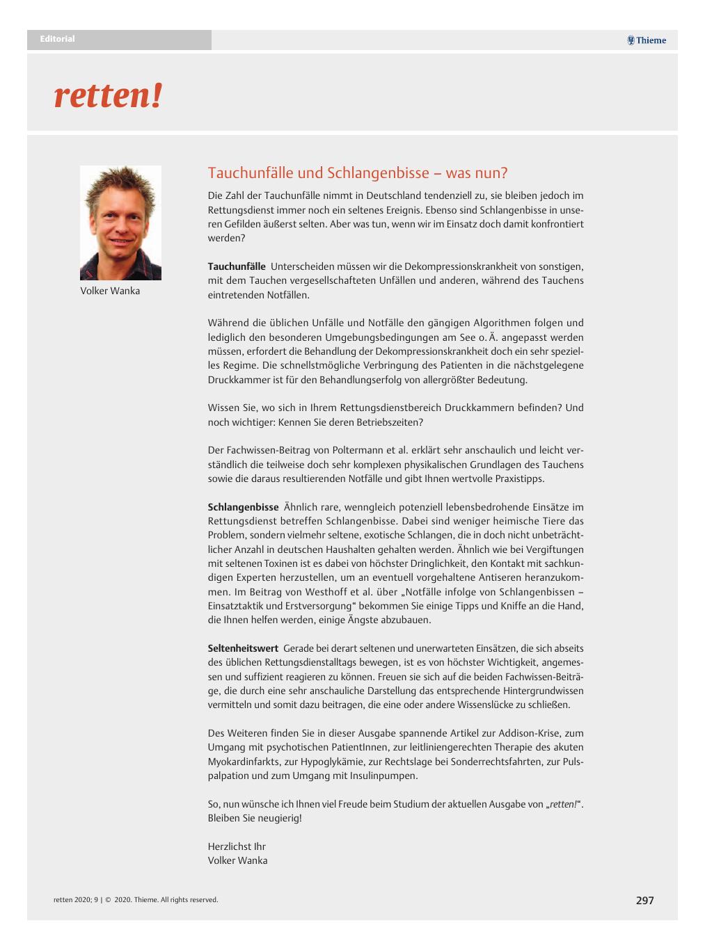 Vorschauseite 1: Tauchunfälle und Schlangenbisse - was nun?