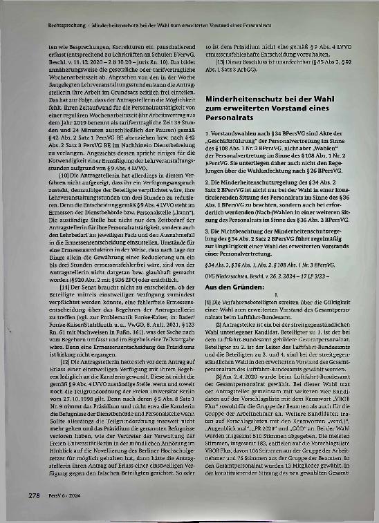 Vorschauseite 1: Minderheitenschutz bei der Wahl zum erweiterten Vorstand eines Personalrats
