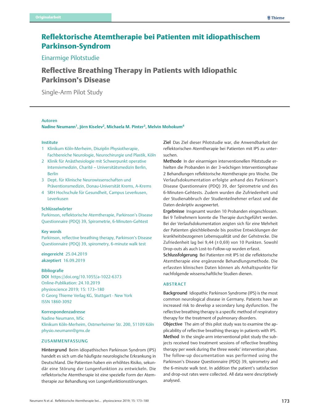 Vorschauseite 1: Reflektorische Atemtherapie bei Patienten mit idiopathischem Parkinson-Syndrom – Einarmige Pilotstudie