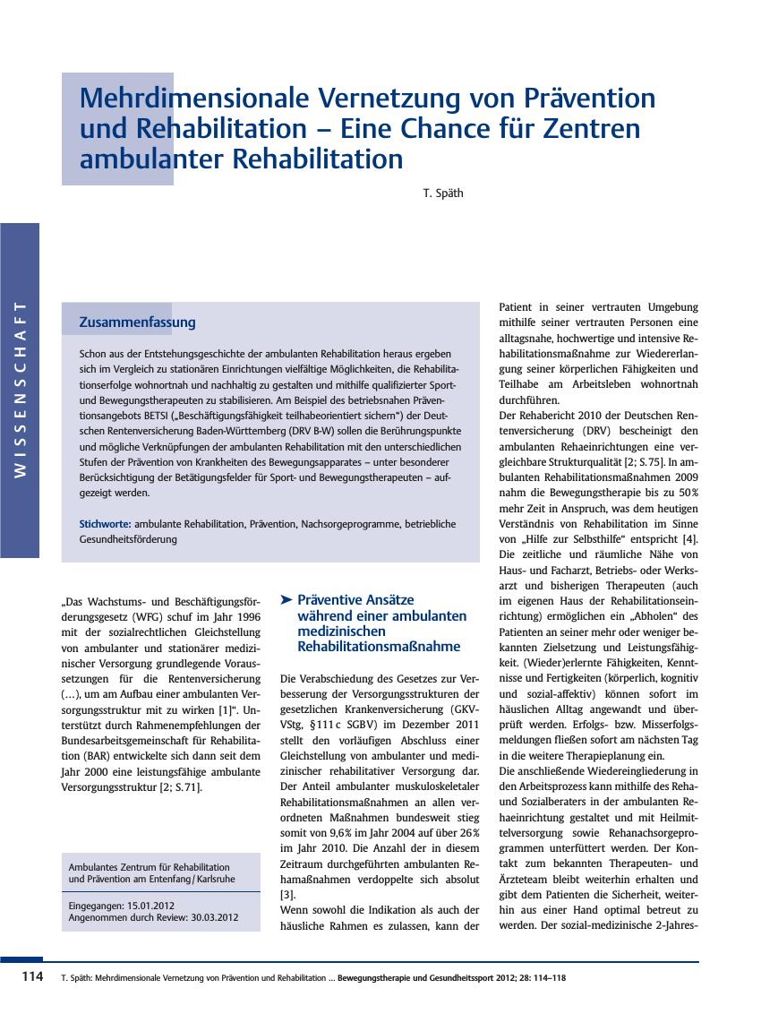Vorschauseite 1: Mehrdimensionale Vernetzung von Prävention und Rehabilitation – Eine Chance für Zentren ambulanter Rehabilitation