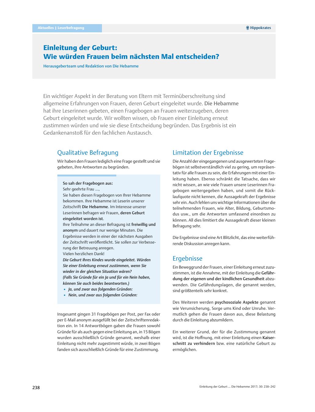 Vorschauseite 1: Einleitung der Geburt: Wie würden Frauen beim nächsten Mal entscheiden?