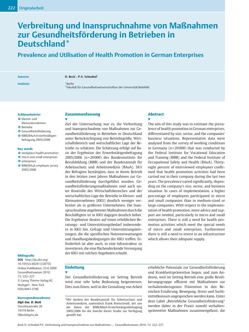 Vorschauseite 1: Verbreitung und Inanspruchnahme von Maßnahmen zur Gesundheitsförderung in Betrieben in Deutschland