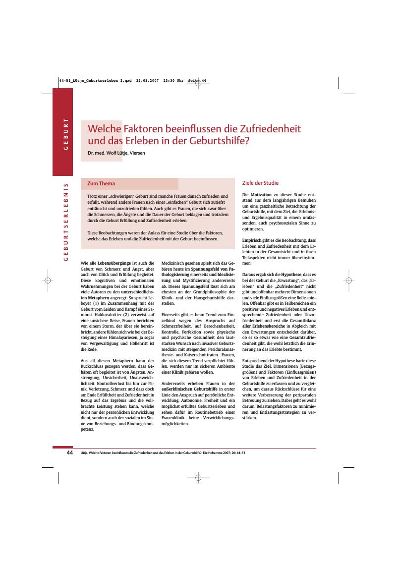 Vorschauseite 1: Welche Faktoren beeinflussen die Zufriedenheit und das Erleben in der Geburtshilfe?