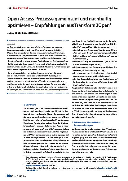Vorschauseite 1: Open-Access-Prozesse gemeinsam und nachhaltig optimieren – Empfehlungen aus Transform2Open1