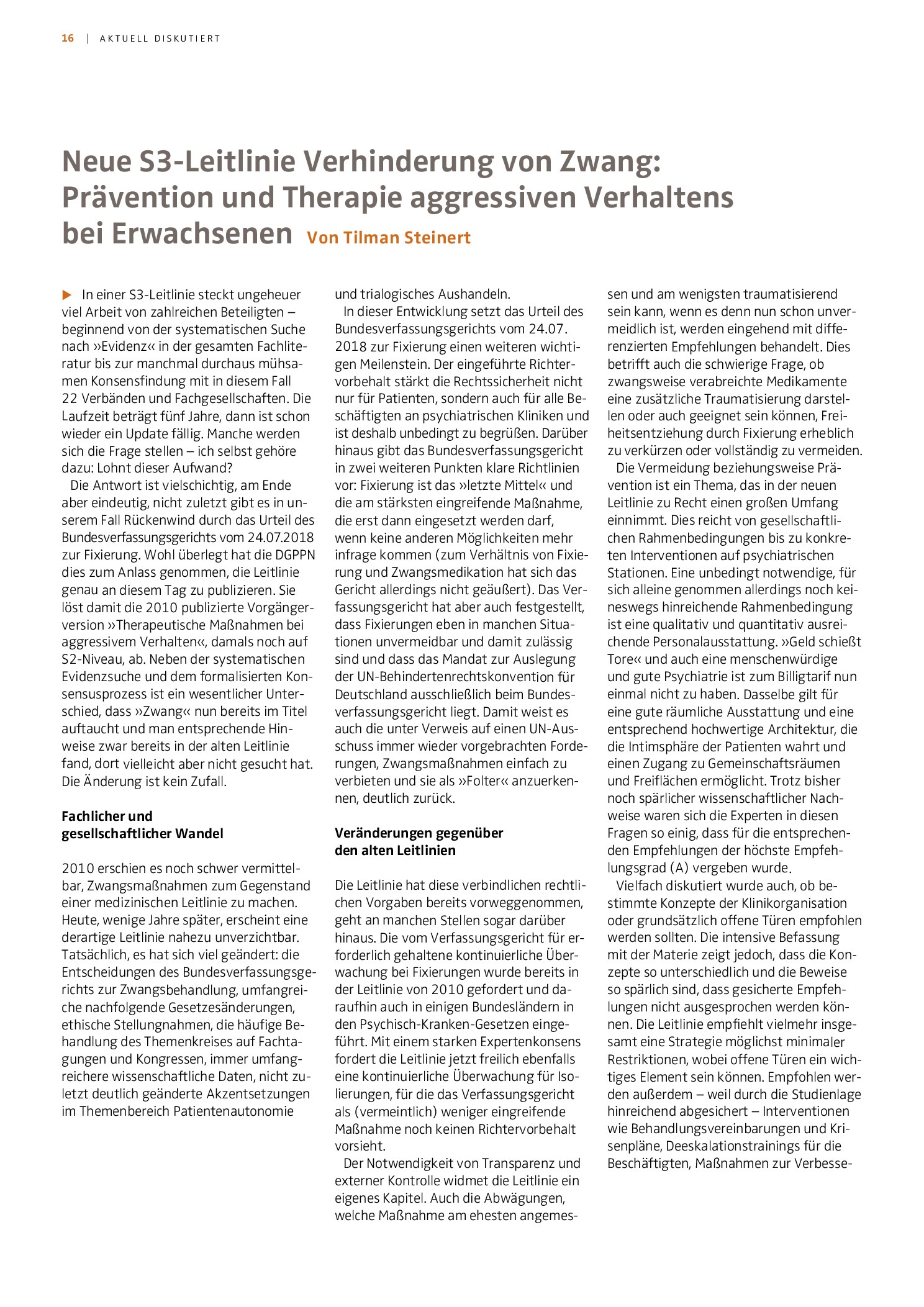 Vorschauseite 1: Neue S3-Leitlinie: Verhinderung von Zwang: Prävention und Therapie aggressiven Verhaltens bei Erwachsenen