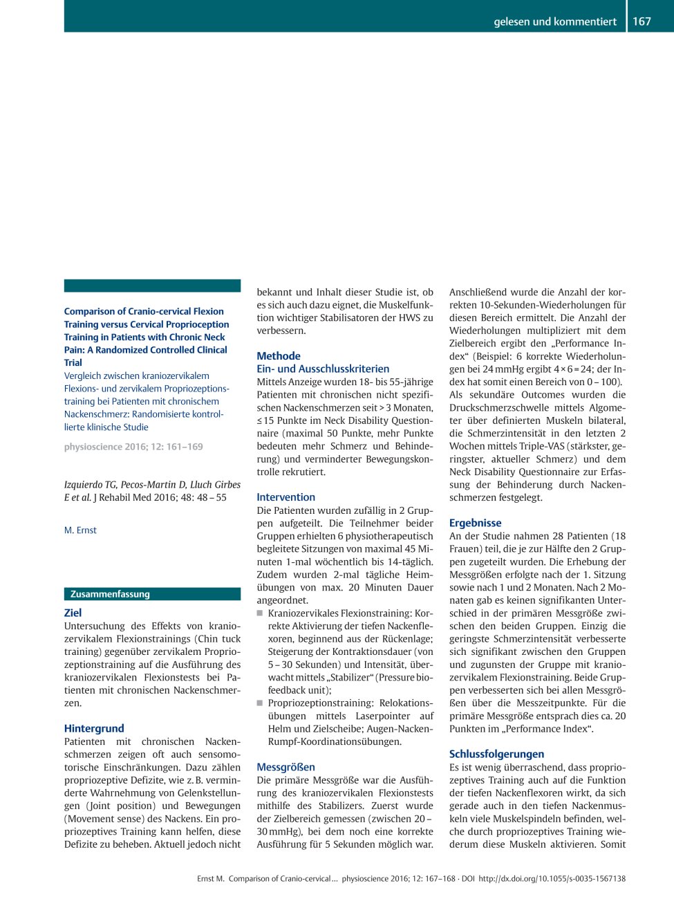 Vorschauseite 1: Comparison of Cranio-cervical Flexion Training versus Cervical Proprioception Training in Patients with Chronic Neck Pain: A Randomized Controlled Clinical Trial
