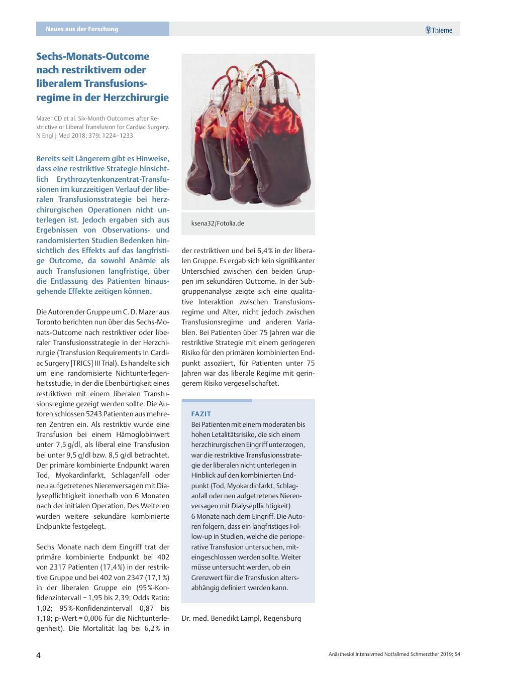 Vorschauseite 1: Sechs-Monats-Outcome nach restriktivem oder liberalem Transfusionsregime in der Herzchirurgie