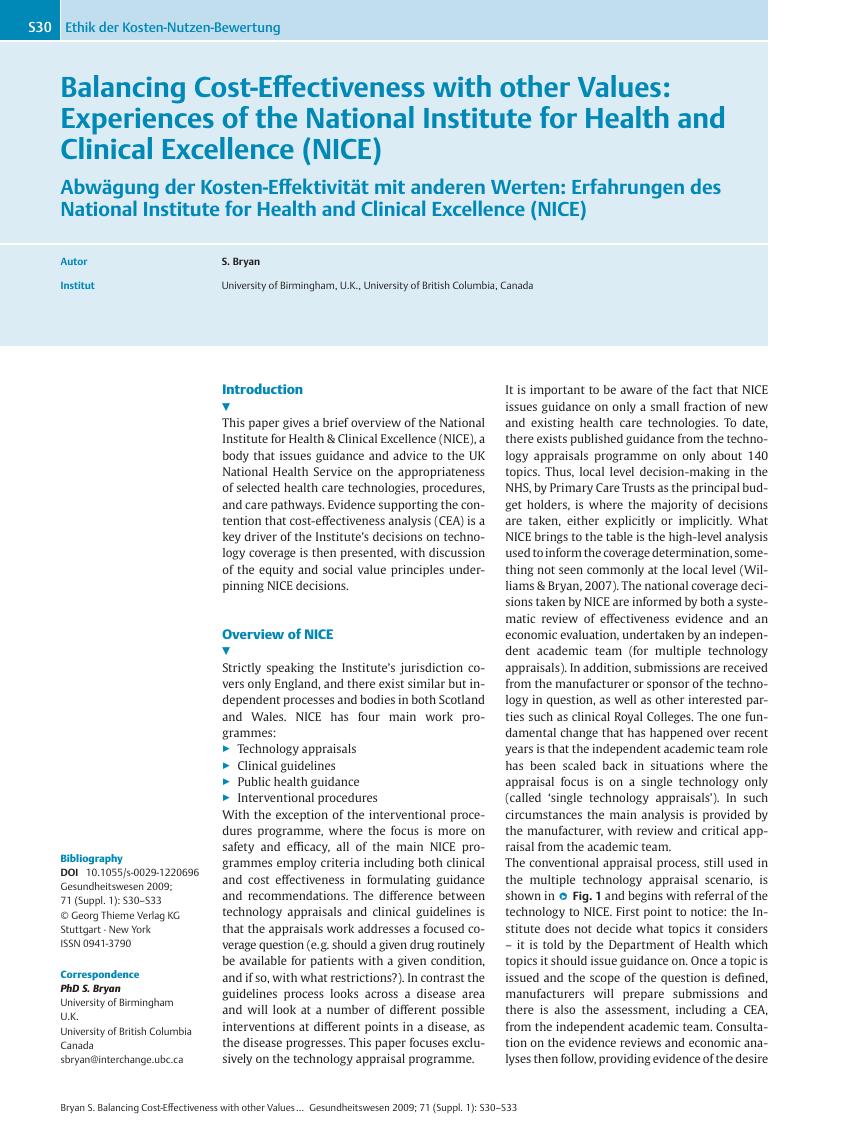 Vorschauseite 1: Balancing Cost-Effectiveness with other Values: Experiences of the National Institute for Health and Clinical Excellence (NICE)