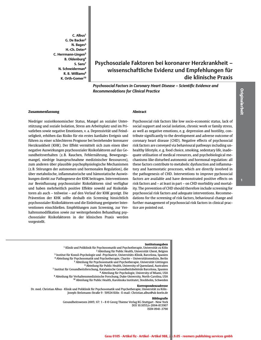 Vorschauseite 1: Psychosoziale Faktoren bei koronarer Herzkrankheit - wissenschaftliche Evidenz und Empfehlungen für die klinische Praxis
