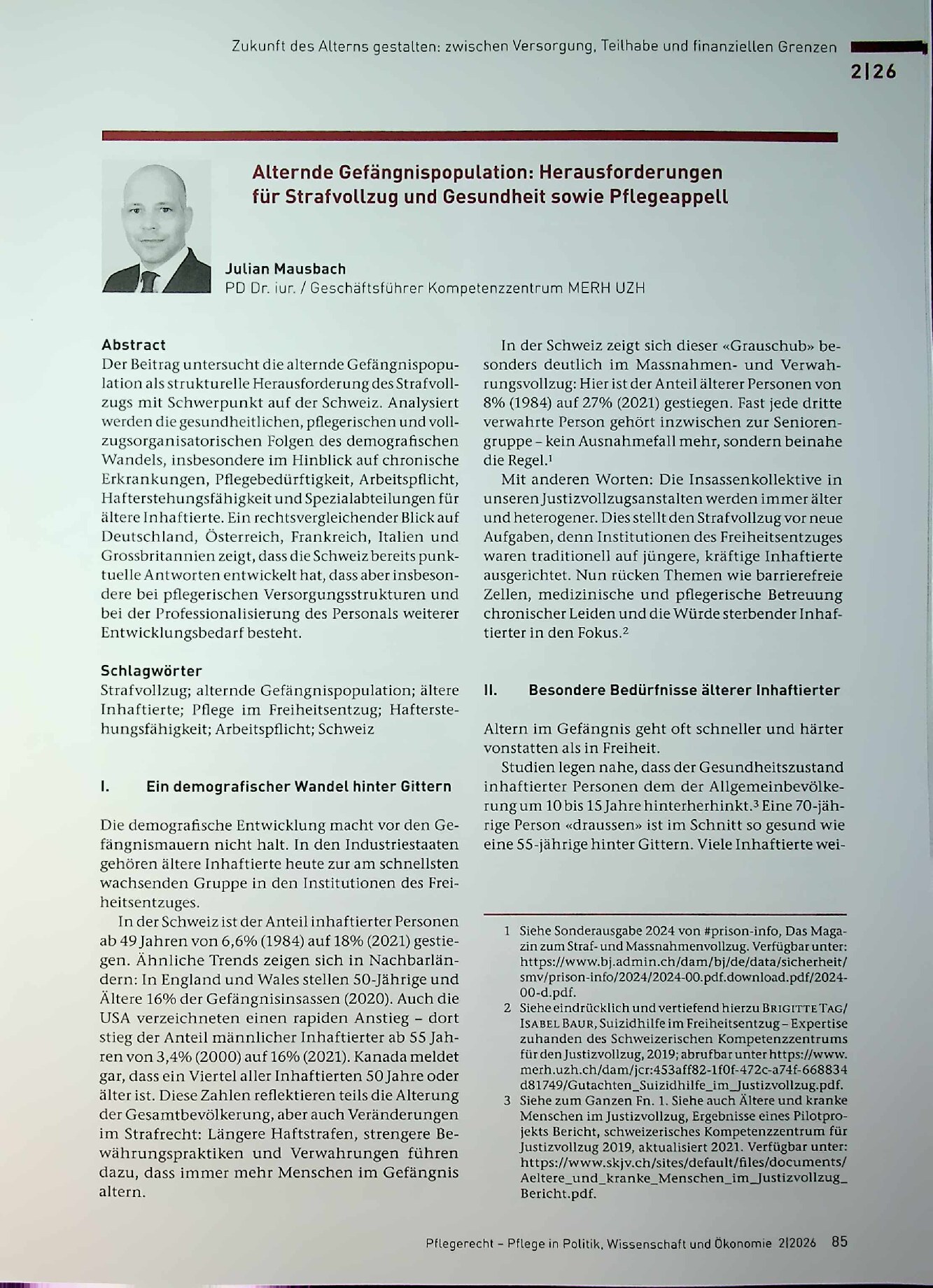 Vorschauseite 1: Alternde Gefängnispopulation: Herausforderungen für Strafvollzug und Gesundheit sowie Pflegeappell