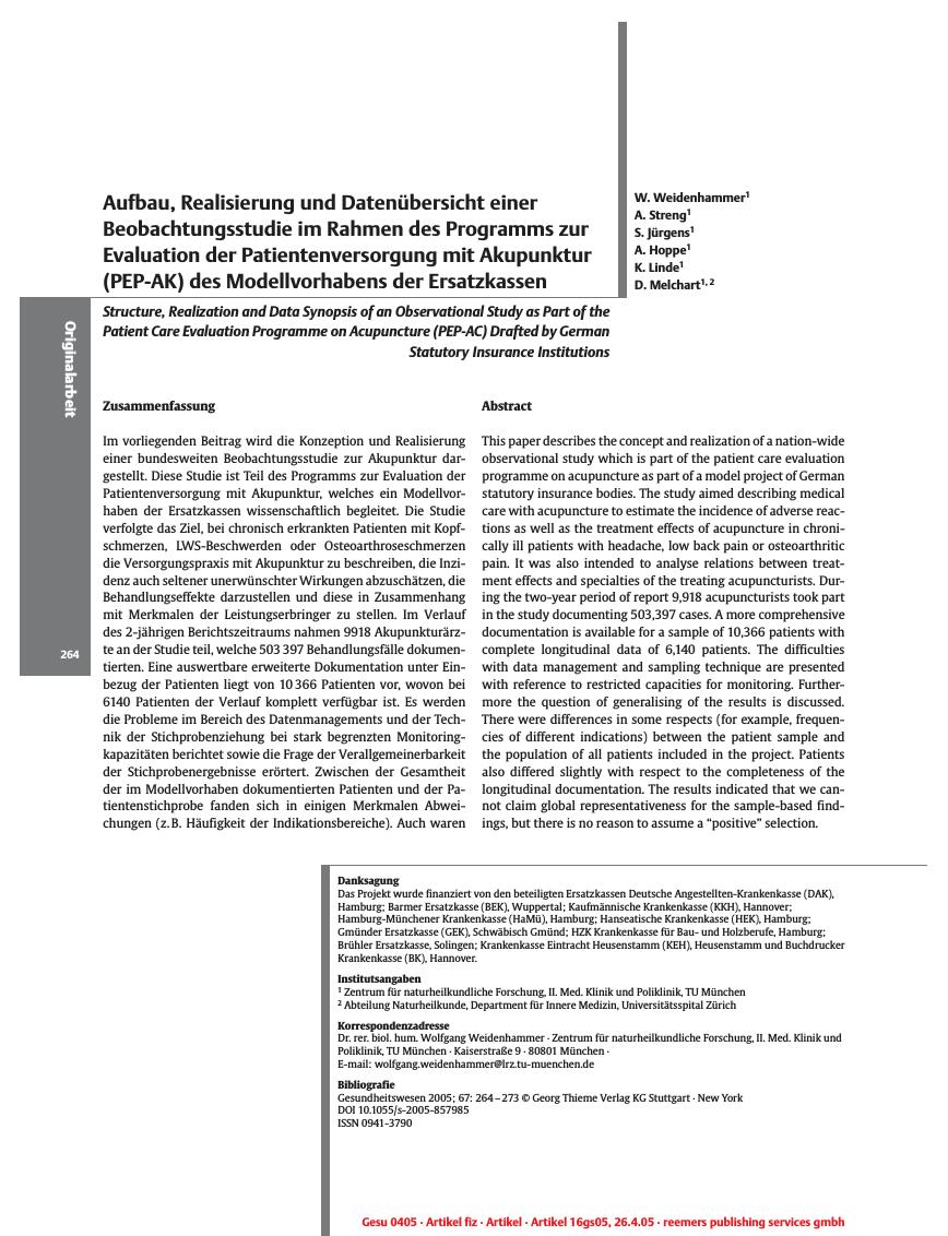 Vorschauseite 1: Aufbau, Realisierung und Datenübersicht einer Beobachtungsstudie im Rahmen des Programms zur Evaluation der Patientenversorgung mit Akupunktur (PEP-AK) des Modellvorhabens der Ers…