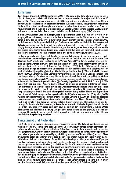 Vorschauseite 2: Advance Care Planning in der Pädiatrie Ein Blick auf Eltern von Kindern und Jugendlichen im Rahmen der pädiatrischen Palliativversorgung – Ein Scoping Review