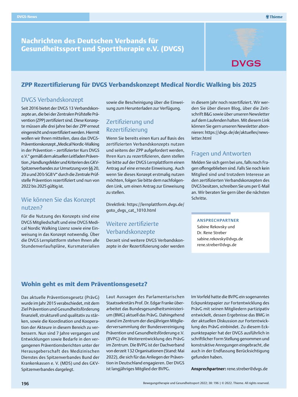 Vorschauseite 1: Nachrichten des Deutschen Verbands für Gesundheitssport und Sporttherapie e.V. (DVGS)