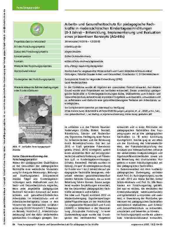 Vorschauseite 1: Arbeitsund Gesundheitsschutz für pädagogische Fachkräfte in niedersächsischen Kindertageseinrichtungen (0-3 Jahre) – Entwicklung, Implementierung und Evaluation eines präventiven…