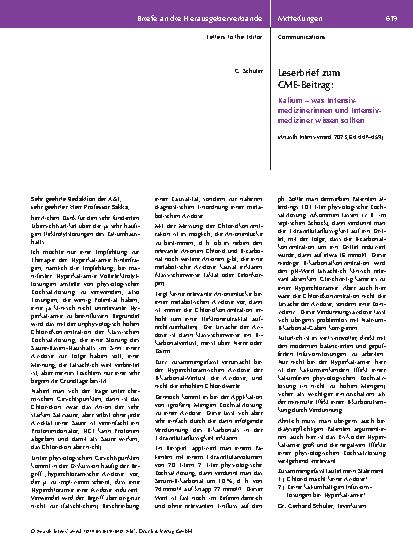 Vorschauseite 1: Leserbrief zum CME-Beitrag: Kalium – was Intensivmedizinerinnen und Intensivmediziner wissen sollten