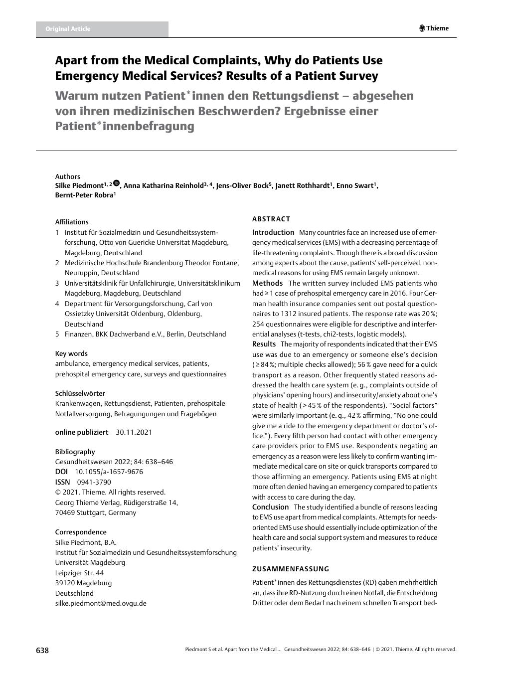 Vorschauseite 1: Apart from the medical complaints, why do patients use emergency medical services? Results of a patient survey.