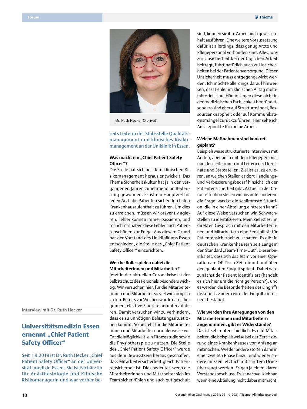 Vorschauseite 1: Interview mit Dr. Ruth Hecker - Universitätsmedizin Essen ernennt "Chief Patient Safety Officer"