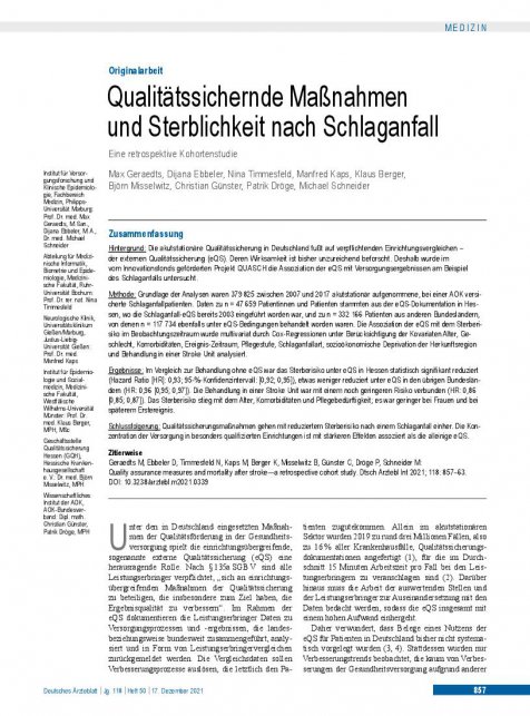 Vorschauseite 1: Qualitätssichernde Maßnahmen und Sterblichkeit nach Schlaganfall