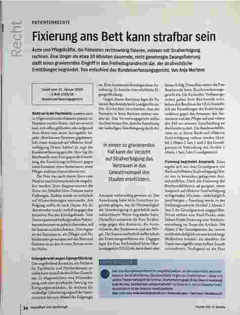 Vorschauseite 1: Fixierung ans Bett kann strafbar sein.