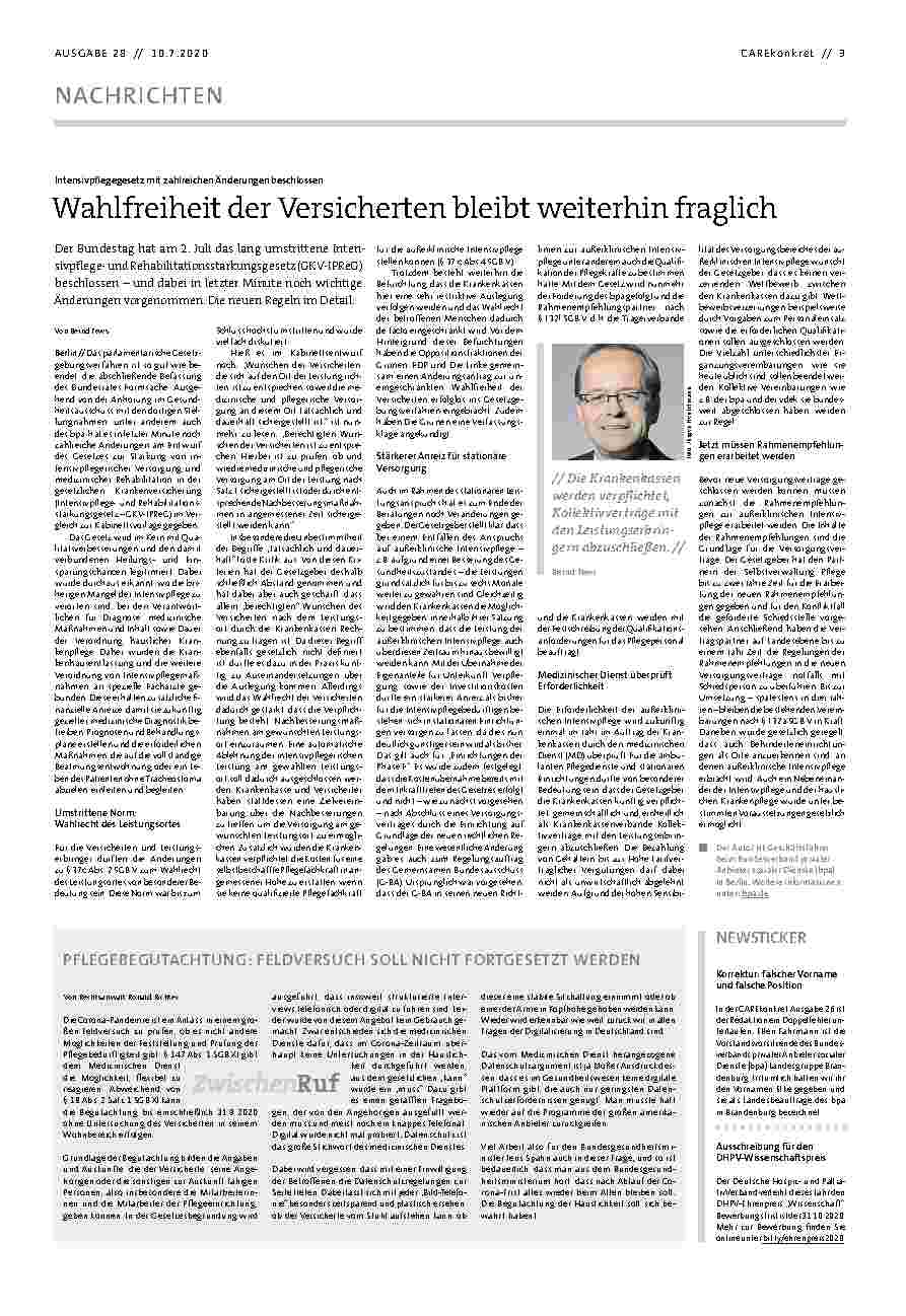 Vorschauseite 1: Intensivpflegegesetz mit zahlreichen Änderungen beschlossen. Wahlfreiheit der Versicherten bleibt weiterhin fraglich.