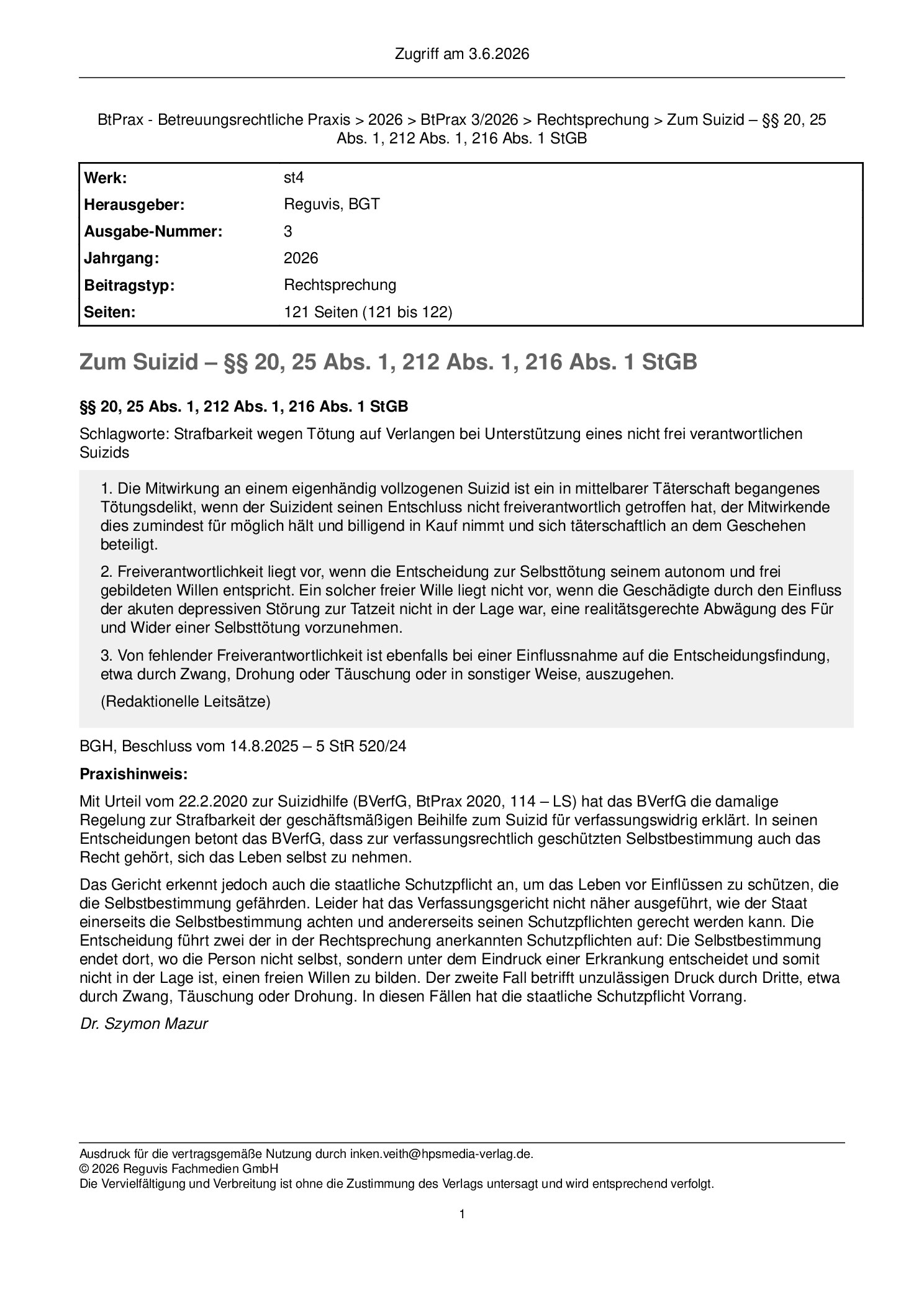 Vorschauseite 1: Zum Suizid – §§ 20, 25 Abs. 1, 212 Abs. 1, 216 Abs. 1 StGB