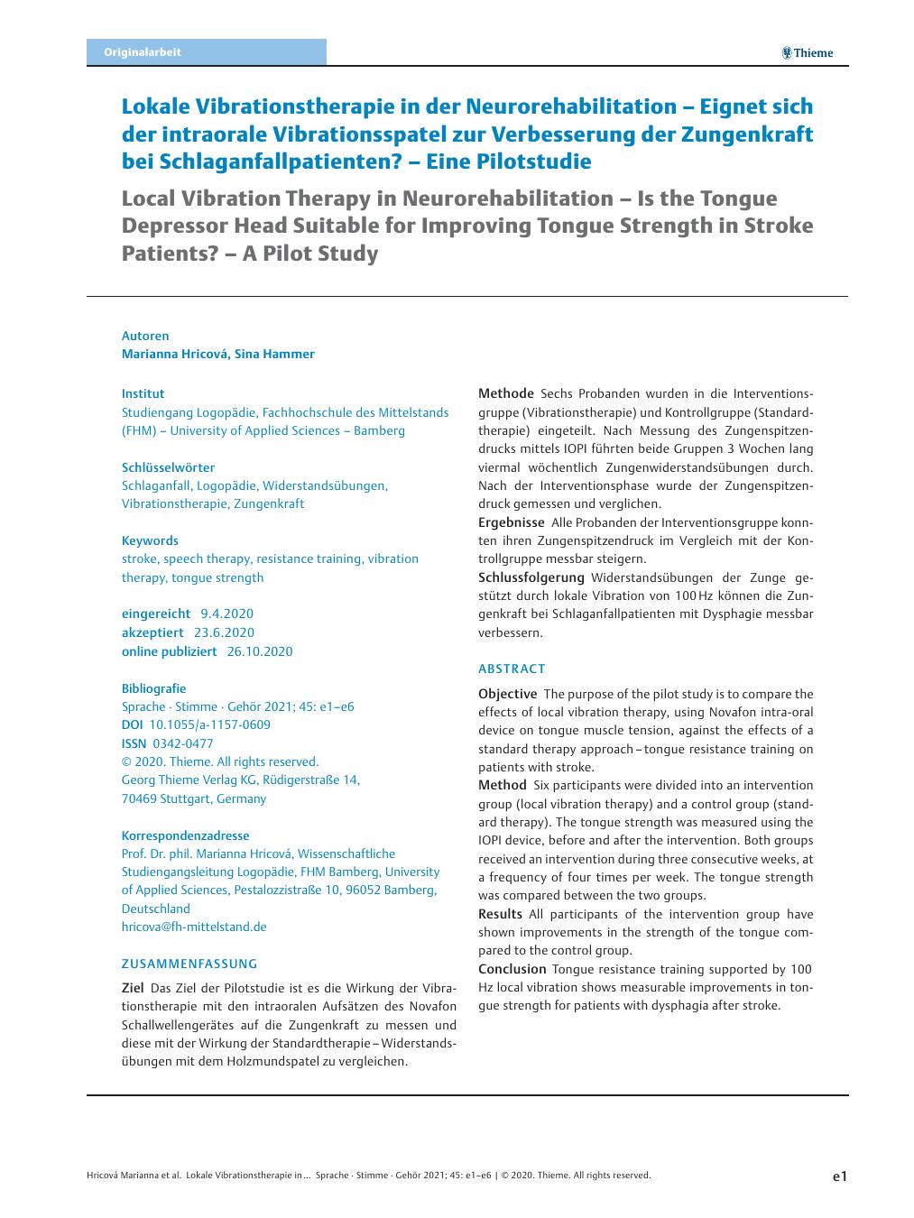 Vorschauseite 1: Lokale Vibrationstherapie in der Neurorehabilitation – Eignet sich der intraorale Vibrationsspatel zur Verbesserung der Zungenkraft bei Schlaganfallpatienten? – Eine Pilotstudie