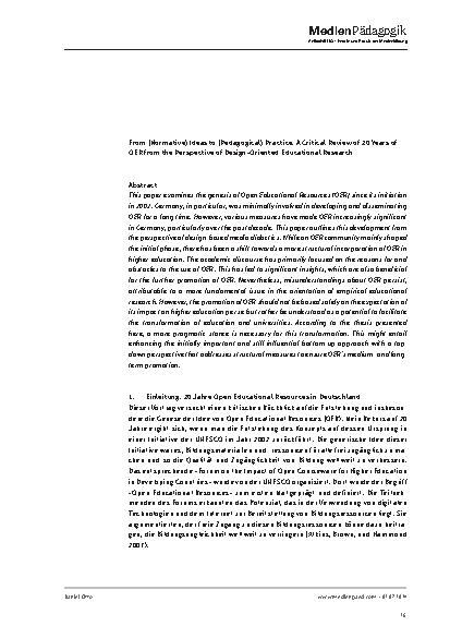 Vorschauseite 2: Von der (normativen) Idee zur (pädagogischen) Praxis: Eine kritische Betrachtung von 20 Jahren OER aus der Perspektive einer gestaltungsorientierten Bildungsforschung.