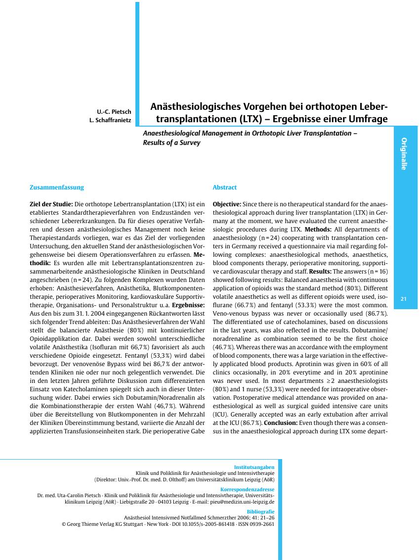 Vorschauseite 1: Anästhesiologisches Vorgehen bei orthotopen Lebertransplantationen (LTX) - Ergebnisse einer Umfrage