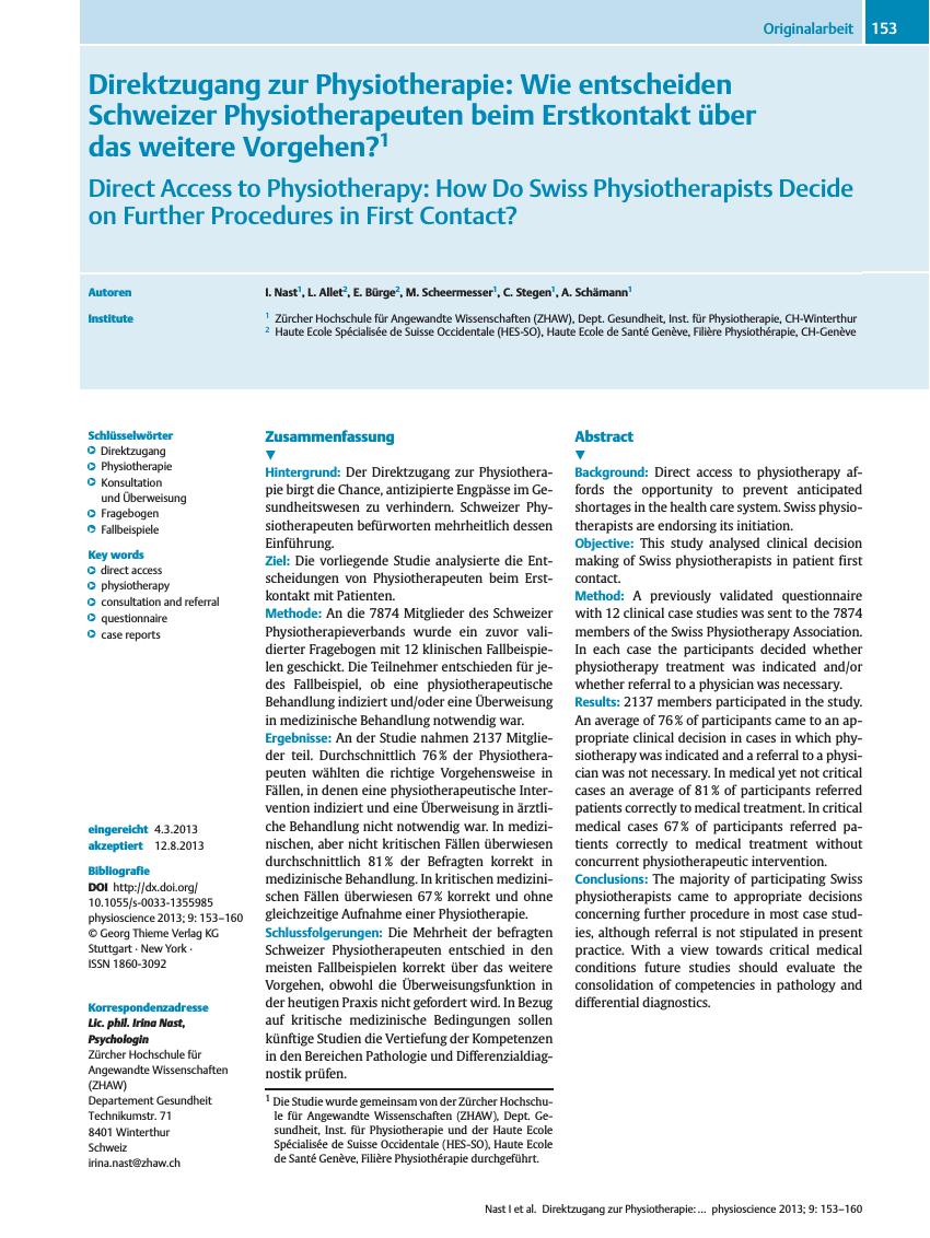 Vorschauseite 1: Direktzugang zur Physiotherapie: Wie entscheiden Schweizer Physiotherapeuten beim Erstkontakt über das weitere Vorgehen?