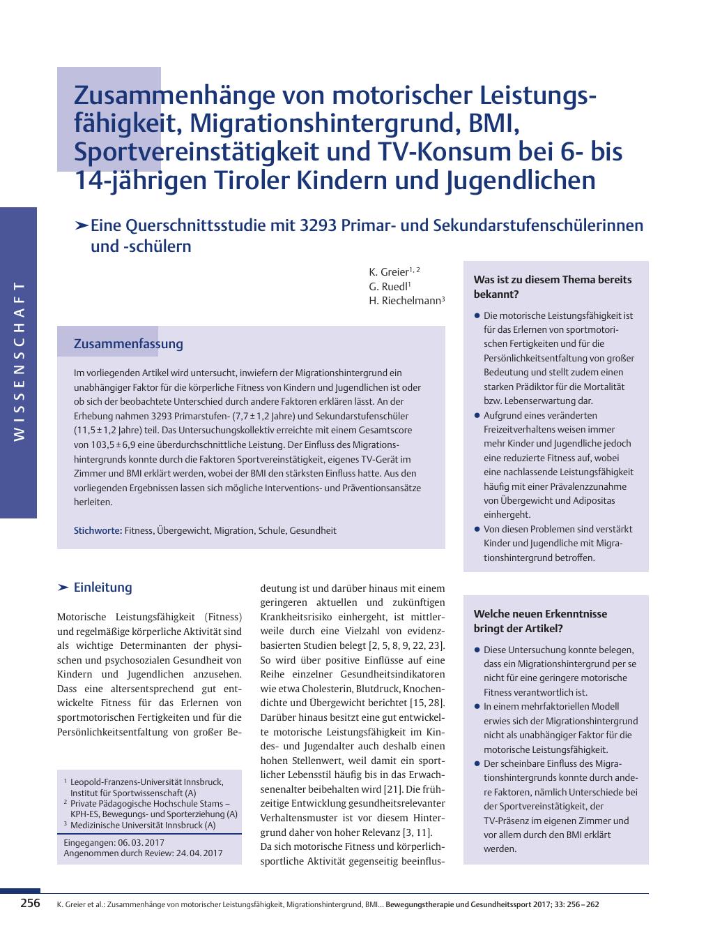 Vorschauseite 1: Zusammenhänge von motorischer Leistungsfähigkeit, Migrationshintergrund, BMI, Sportvereinstätigkeit und TV-Konsum bei 6- bis 14-jährigen Tiroler Kindern und Jugendlichen