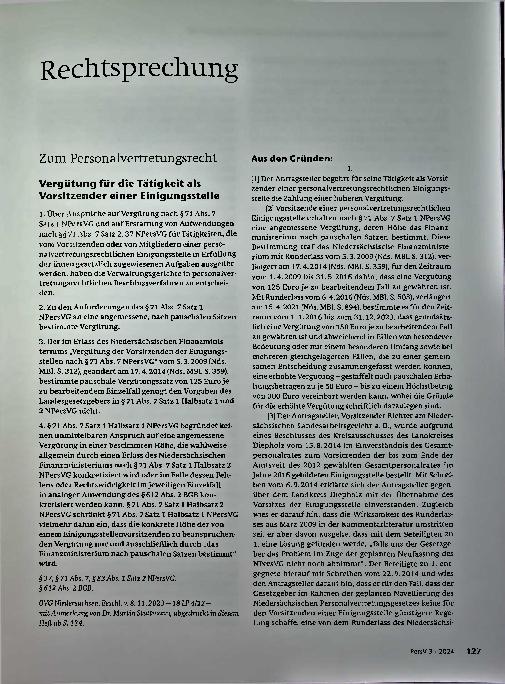 Vorschauseite 1: Zum Personalvertretungsrecht Vergütung für die Tätigkeit als Vorsitzender einer Einigungsstelle.