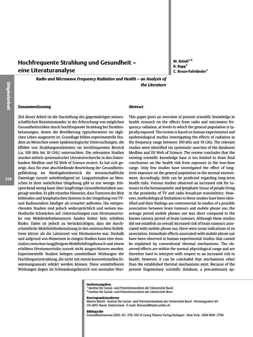 Vorschauseite 1: Hochfrequente Strahlung und Gesundheit - eine Literaturanalyse
