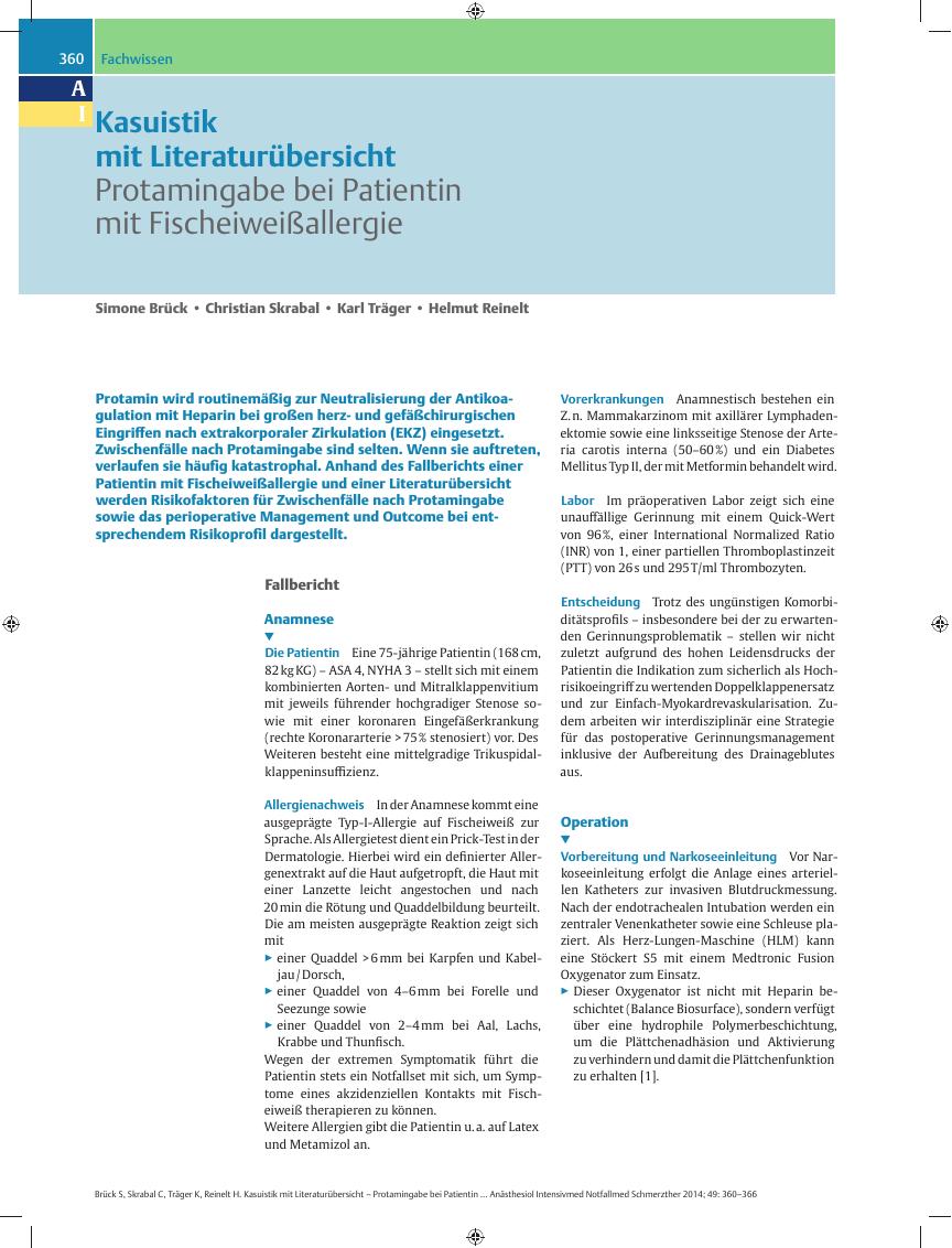 Vorschauseite 1: Kasuistik mit Literaturübersicht – Protamingabe bei Patientin mit Fischeiweißallergie