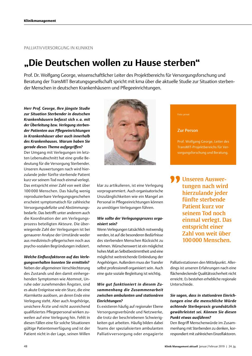 Vorschauseite 1: Palliativversorgung in Kliniken: „Die Deutschen wollen zu Hause sterben“