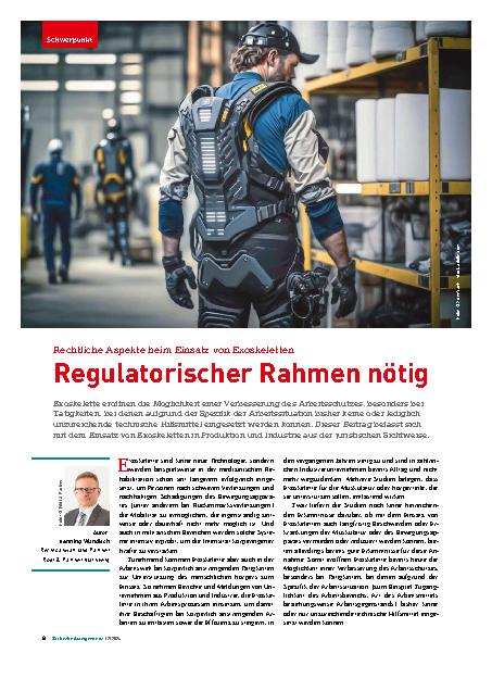 Vorschauseite 1: Rechtliche Aspekte beim Einsatz von Exoskeletten. Regulatorischer Rahmen nötig.