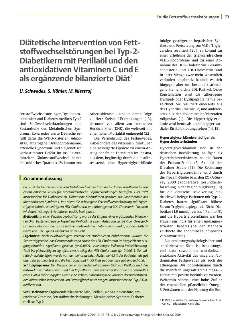 Vorschauseite 1: Diätetische Intervention von Fettstoffwechselstörungen bei Typ-2-Diabetikern mit Perillaöl und den antioxidativen Vitaminen C und E als ergänzende bilanzierte Diät