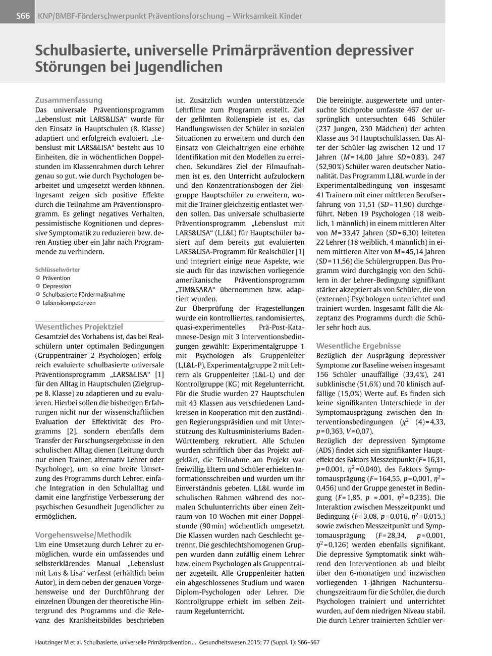 Vorschauseite 1: Schulbasierte, universelle Primärprävention depressiver Störungen bei Jugendlichen