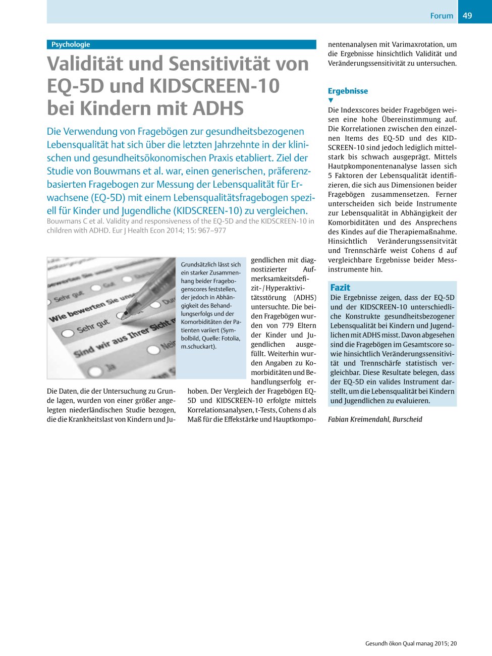 Vorschauseite 1: Psychologie – Validität und Sensitivität von EQ-5D und KIDSCREEN-10 bei Kindern mit ADHS