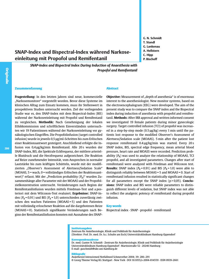 Vorschauseite 1: SNAP-Index und Bispectral-Index während Narkoseeinleitung mit Propofol und Remifentanil