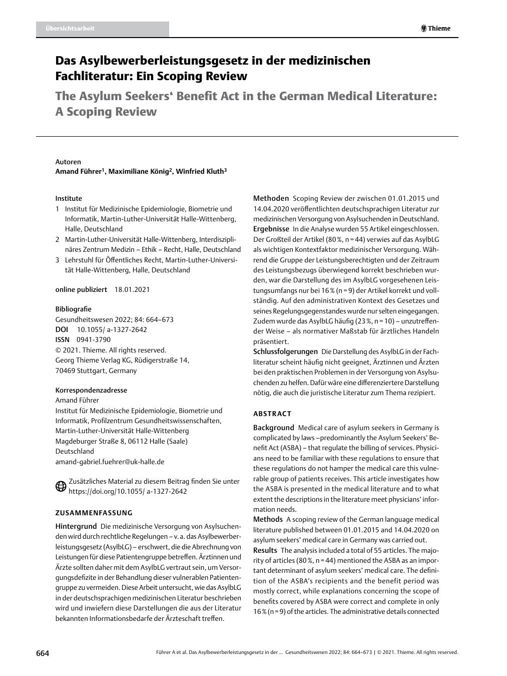 Vorschauseite 1: Das Asylbewerberleistungsgesetz in der medizinischen Fachliteratur: Ein Scoping Review