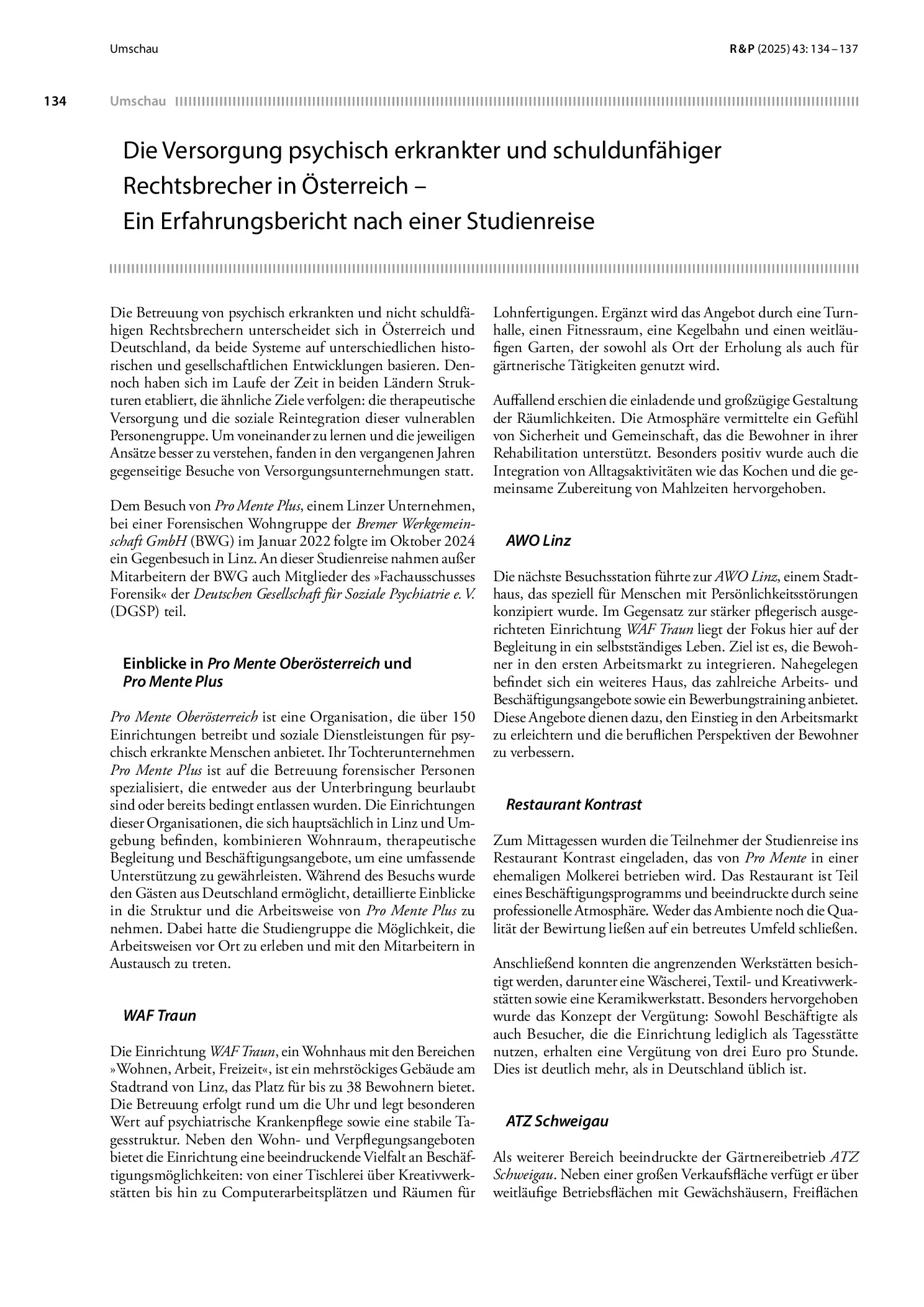 Vorschauseite 1: Die Versorgung psychisch erkrankter und schuldunfähiger Rechtsbrecher in Österreich – Ein Erfahrungsbericht nach einer Studienreise