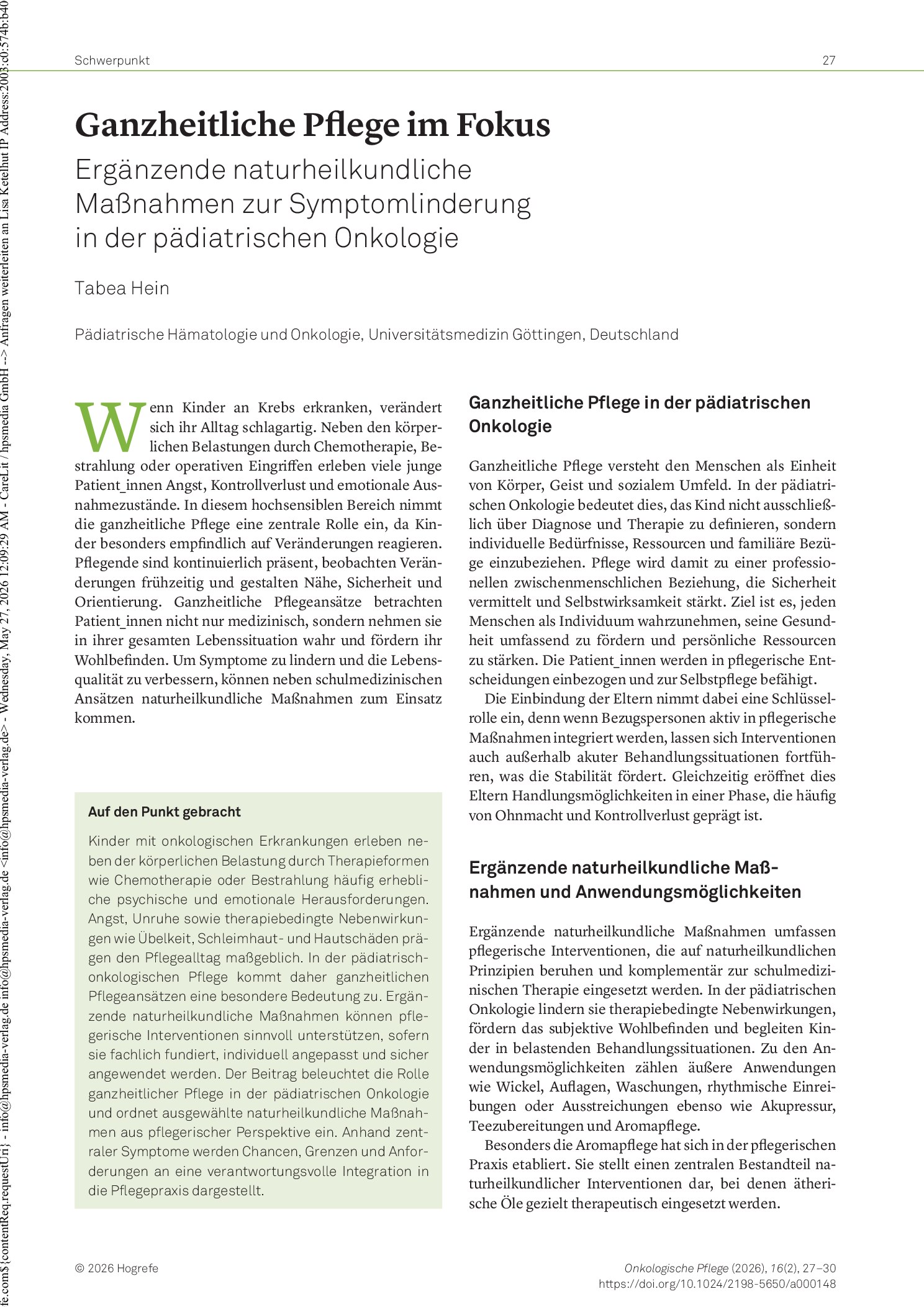 Vorschauseite 1: Ganzheitliche Pflege im Fokus – Ergänzende naturheilkundliche Maßnahmen zur Symptomlinderung in der pädiatrischen Onkologie