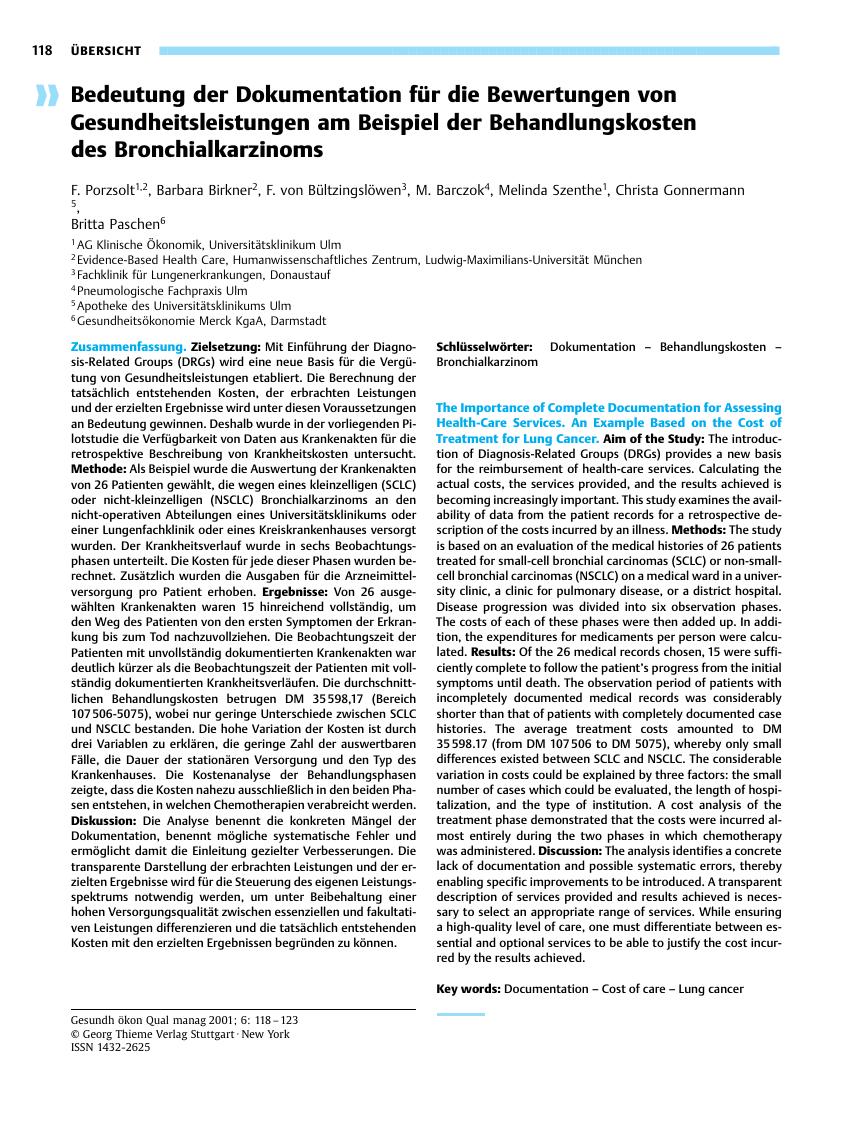 Vorschauseite 1: Bedeutung der Dokumentation für die Bewertungen von Gesundheitsleistungen am Beispiel der Behandlungskosten des Bronchialkarzinoms
